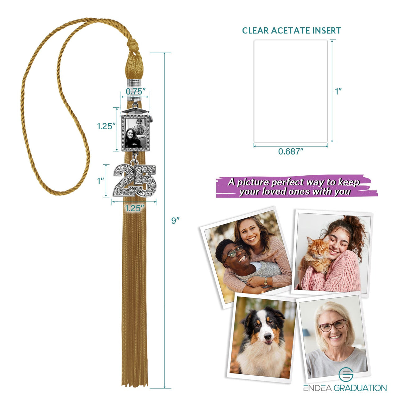Antique Gold Tassel with Photo Frame Charm and Bling Charm - Endea Graduation