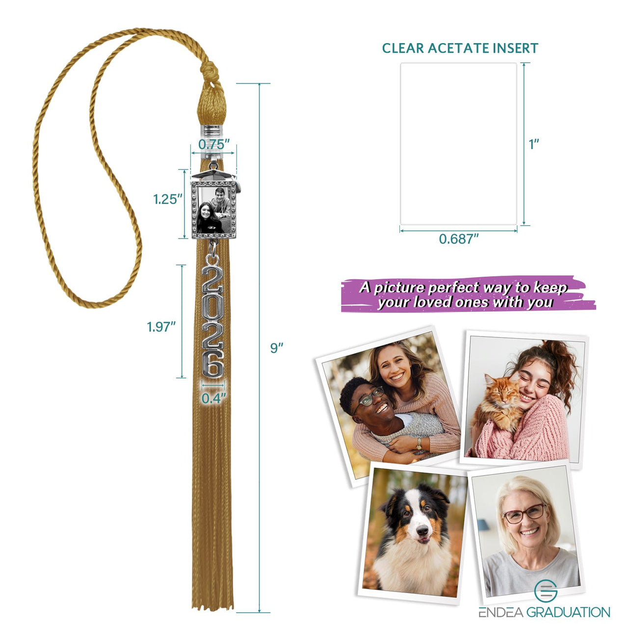 Antique Gold Tassel with Photo Frame Charm and Stacked Date Drop - Endea Graduation