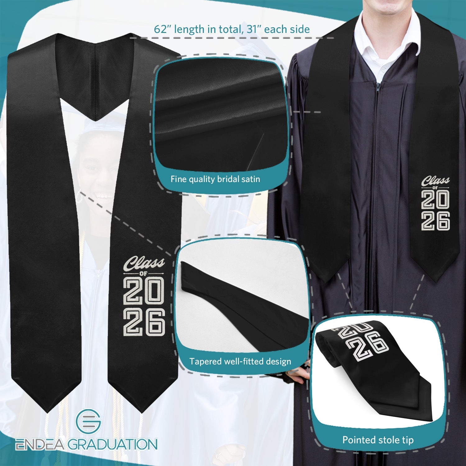 Black Class of 2026 Graduation Stole/Sash with Classic Tips - Endea Graduation