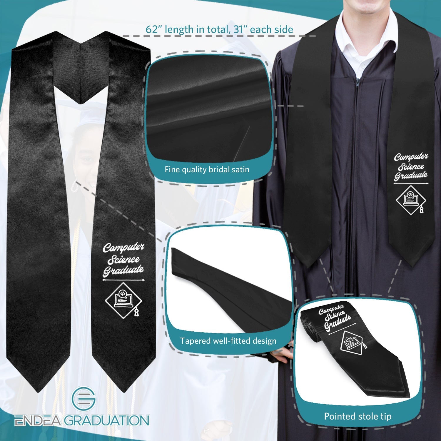 Black Computer Science Graduate Stole/Sash with Classic Tips - Endea Graduation