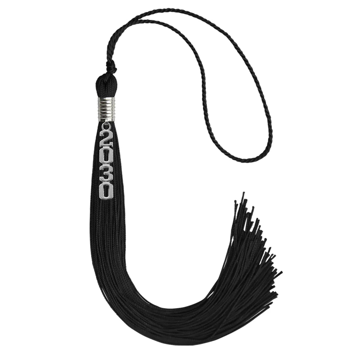 Black Graduation Tassel with Silver Stacked Date Drop by Endea Graduation