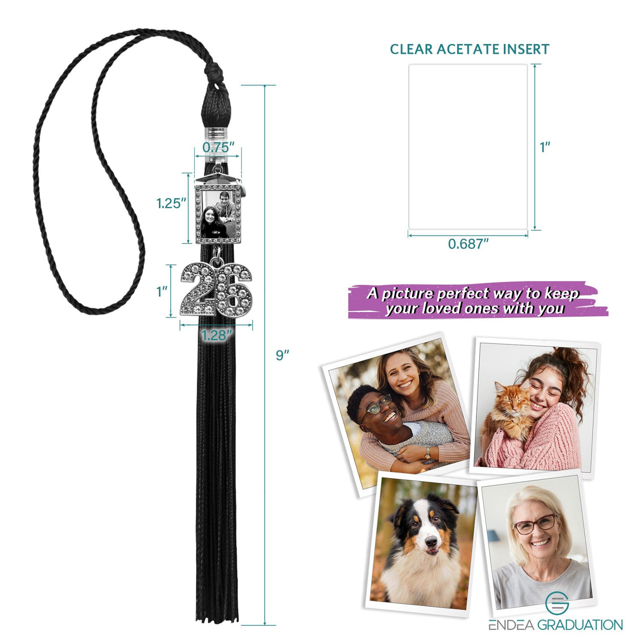 Black Tassel with Photo Frame Charm and Bling Charm - Endea Graduation