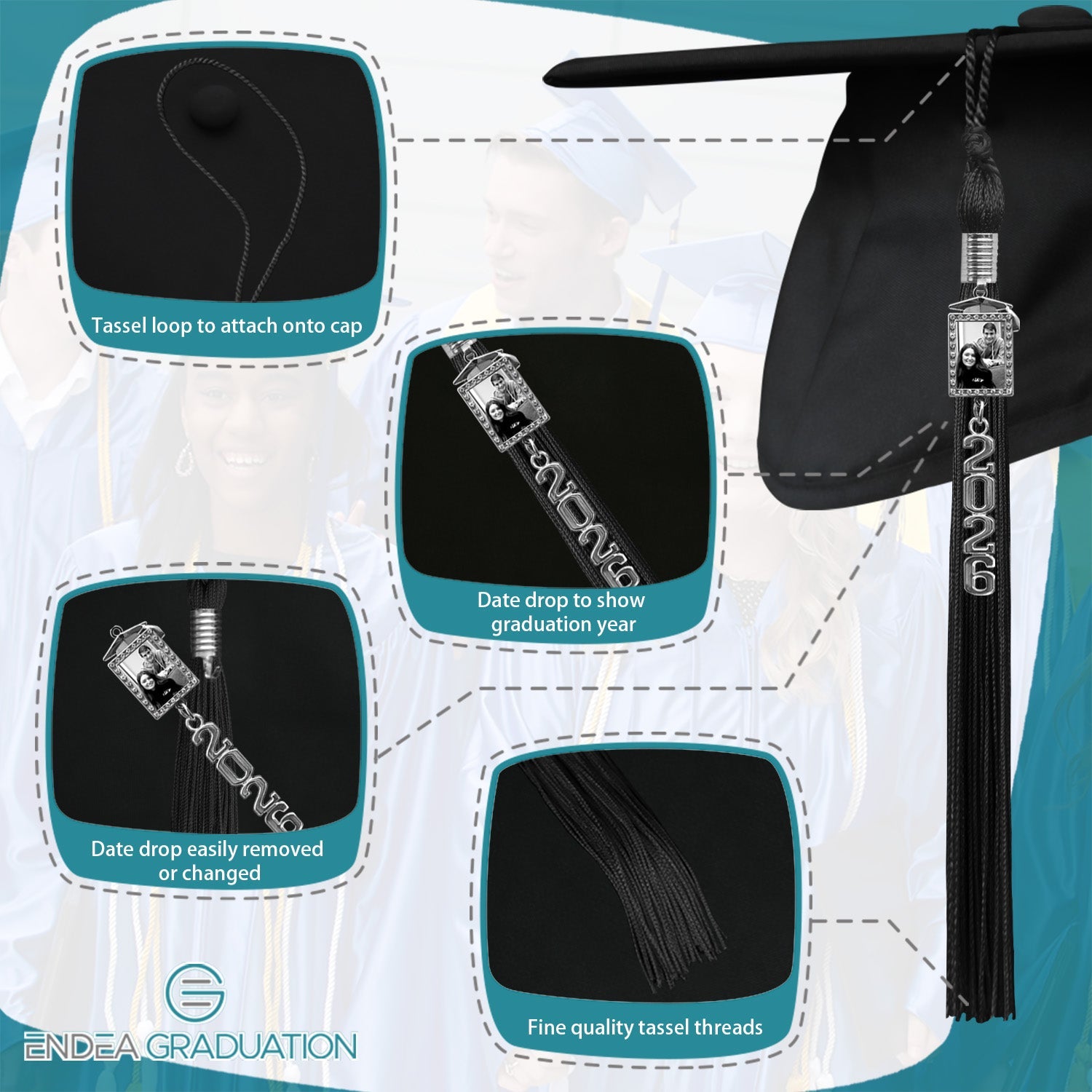 Black Tassel with Photo Frame Charm and Stacked Date Drop - Endea Graduation
