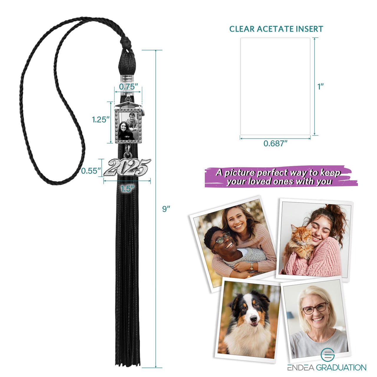 Black Tassel with Photo Frame Charm and Year Date Drop - Endea Graduation