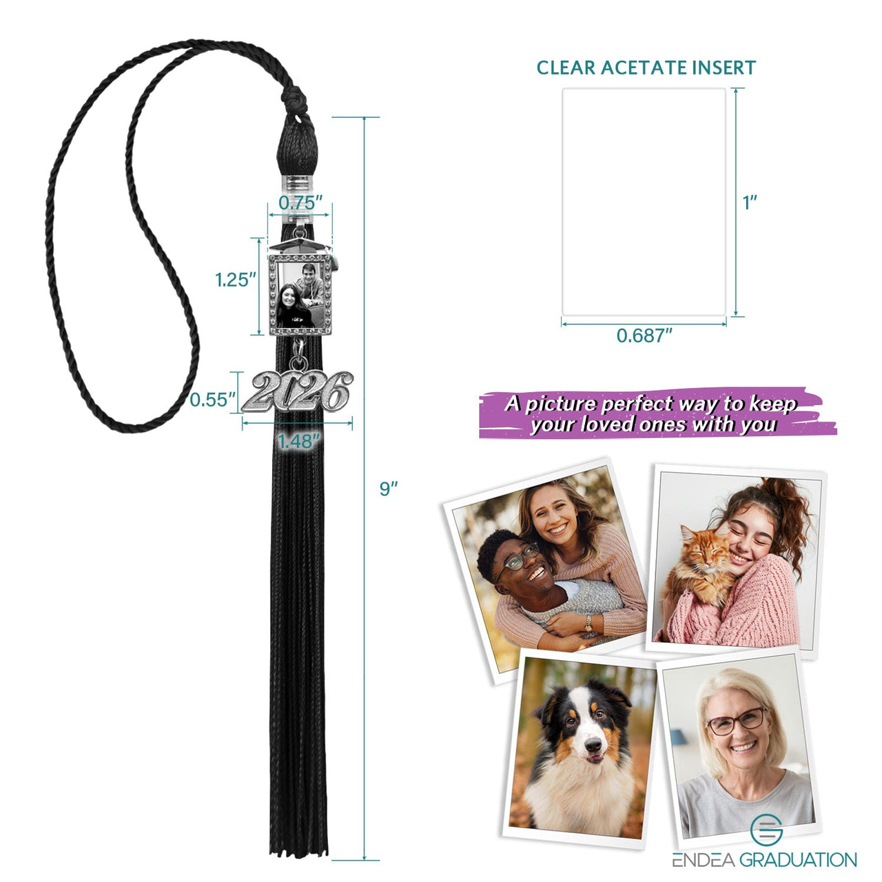 Black Tassel with Photo Frame Charm and Year Date Drop - Endea Graduation