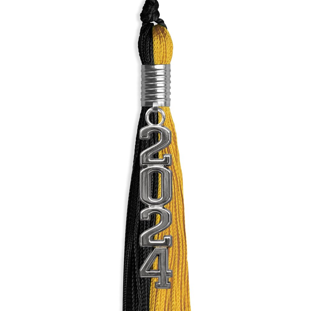 Black/Bright Gold Graduation Tassel with Silver Stacked Date Drop - Endea Graduation