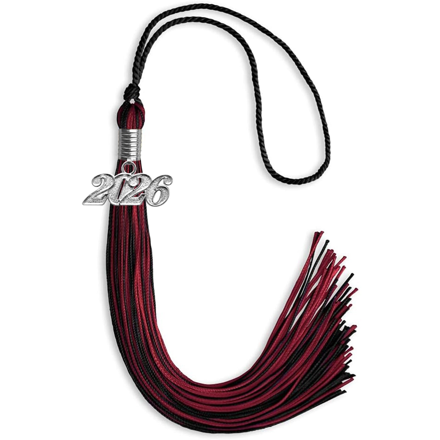 Black/Cardinal Mixed Color Graduation Tassel with Silver Date Drop - Endea Graduation