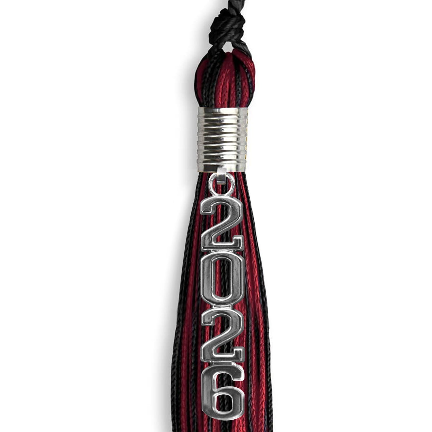 Black/Cardinal Mixed Color Graduation Tassel with Stacked Silver Date Drop - Endea Graduation