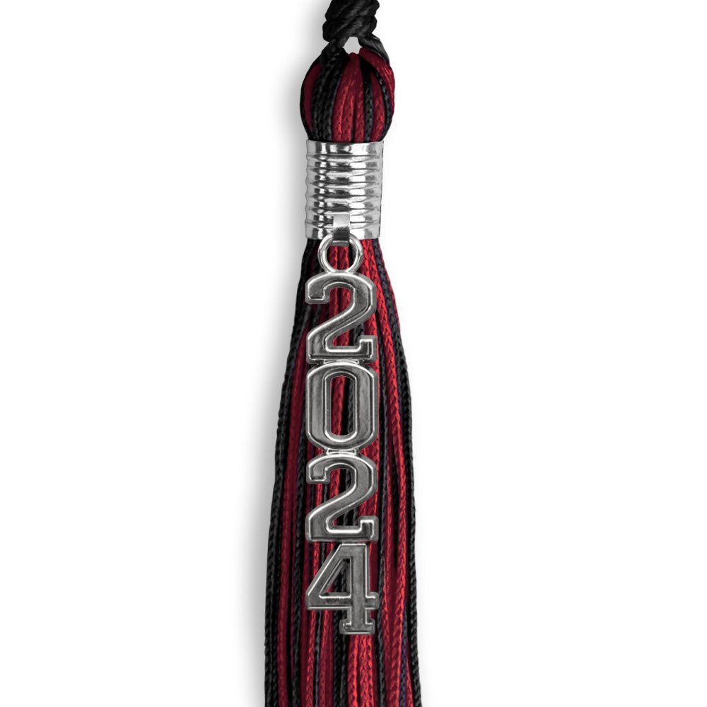 Black/Cardinal Mixed Color Graduation Tassel with Stacked Silver Date Drop - Endea Graduation