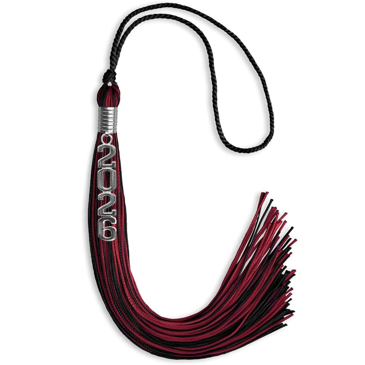 Black/Cardinal Mixed Color Graduation Tassel with Stacked Silver Date Drop - Endea Graduation