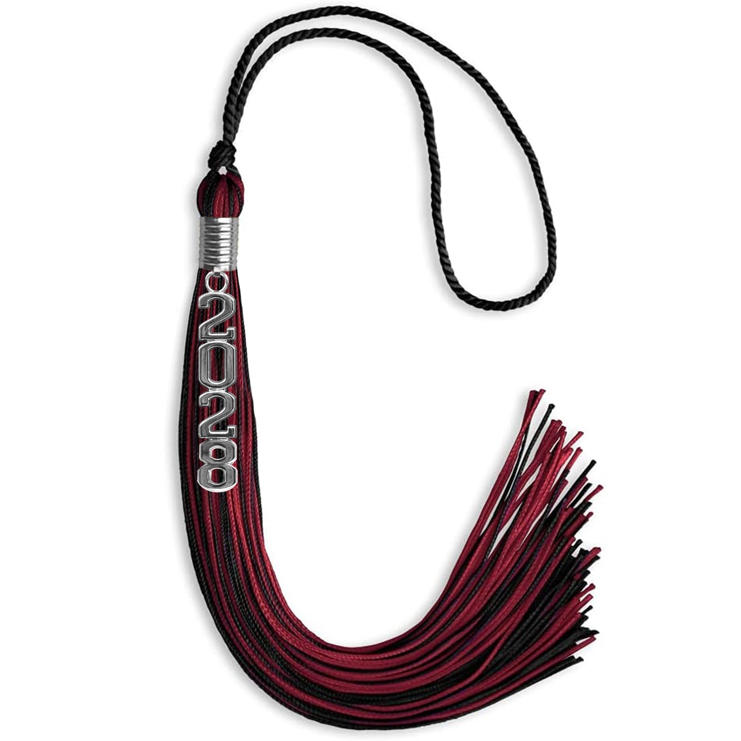 Black/Cardinal Mixed Color Graduation Tassel with Stacked Silver Date Drop - Endea Graduation