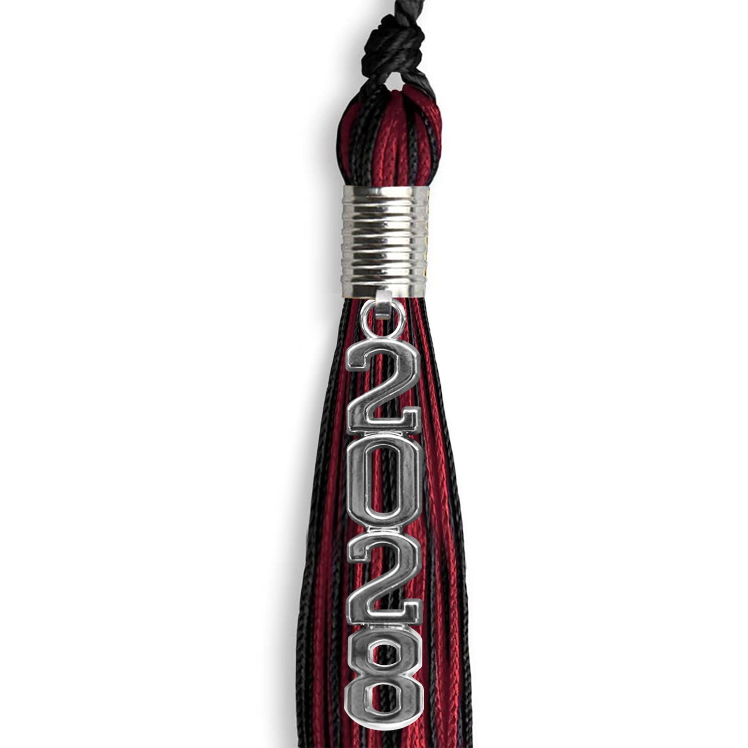 Black/Cardinal Mixed Color Graduation Tassel with Stacked Silver Date Drop - Endea Graduation