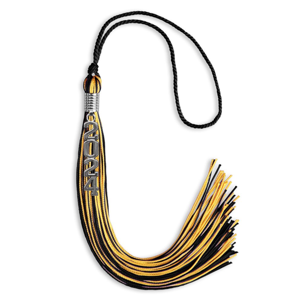 Black/Gold Mixed Color Graduation Tassel with Stacked Silver Date Drop - Endea Graduation