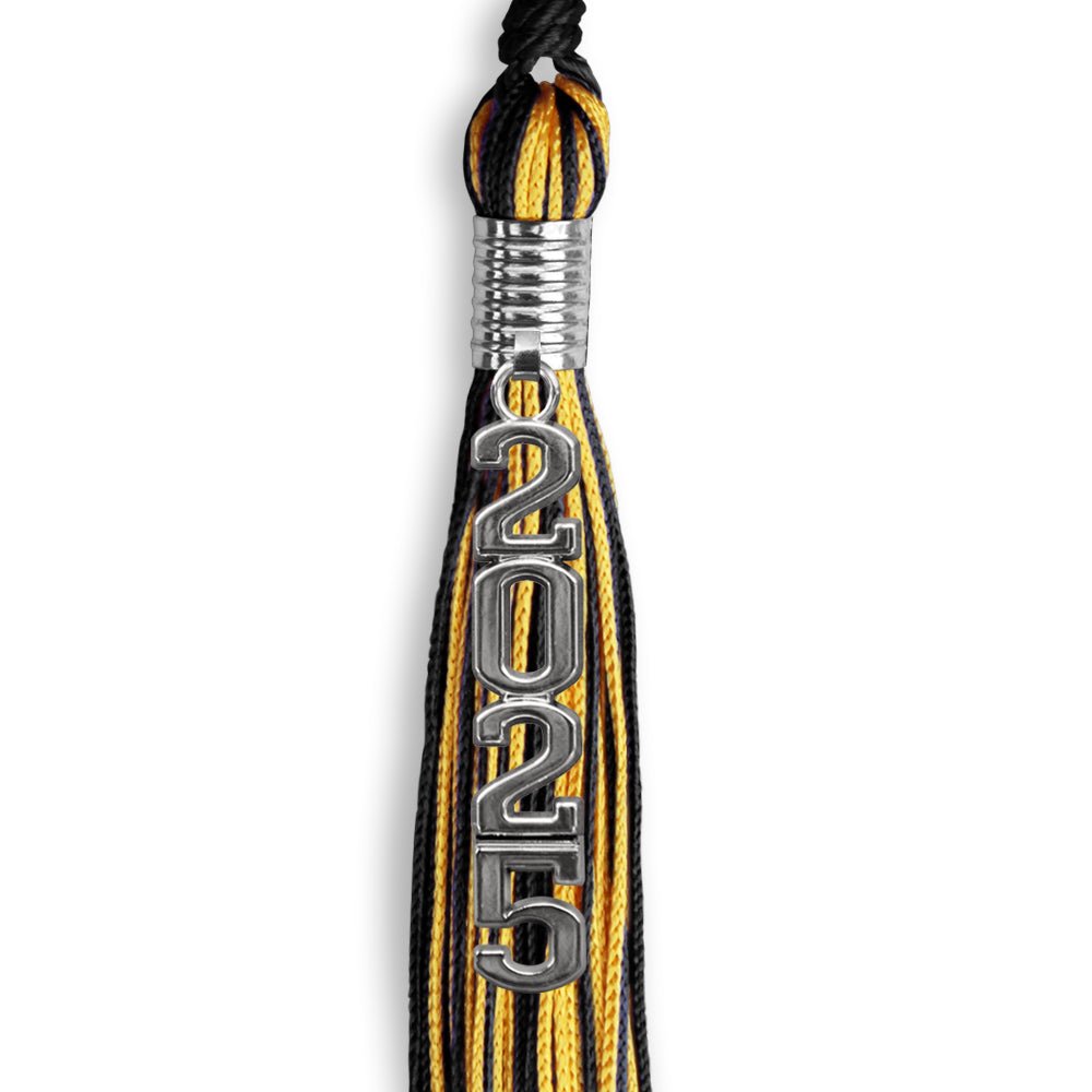 Black/Gold Mixed Color Graduation Tassel with Stacked Silver Date Drop - Endea Graduation