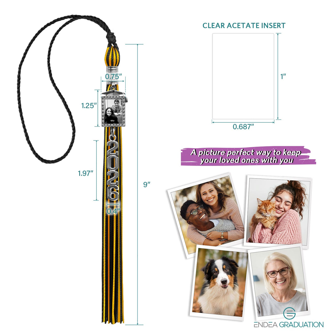 Black/Gold Tassel with Photo Frame Charm and Stacked Date Drop - Endea Graduation
