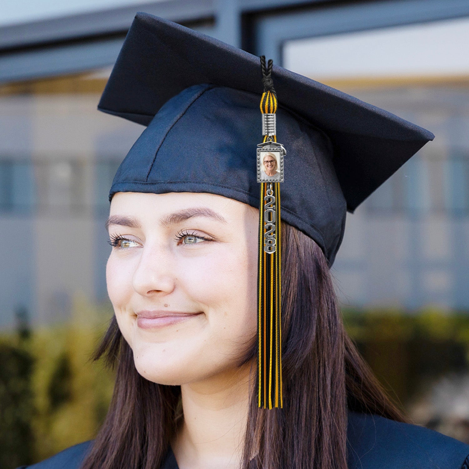 Black/Gold Tassel with Photo Frame Charm and Stacked Date Drop - Endea Graduation