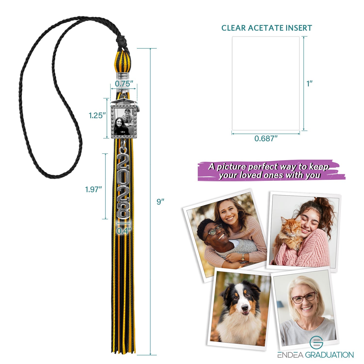 Black/Gold Tassel with Photo Frame Charm and Stacked Date Drop - Endea Graduation