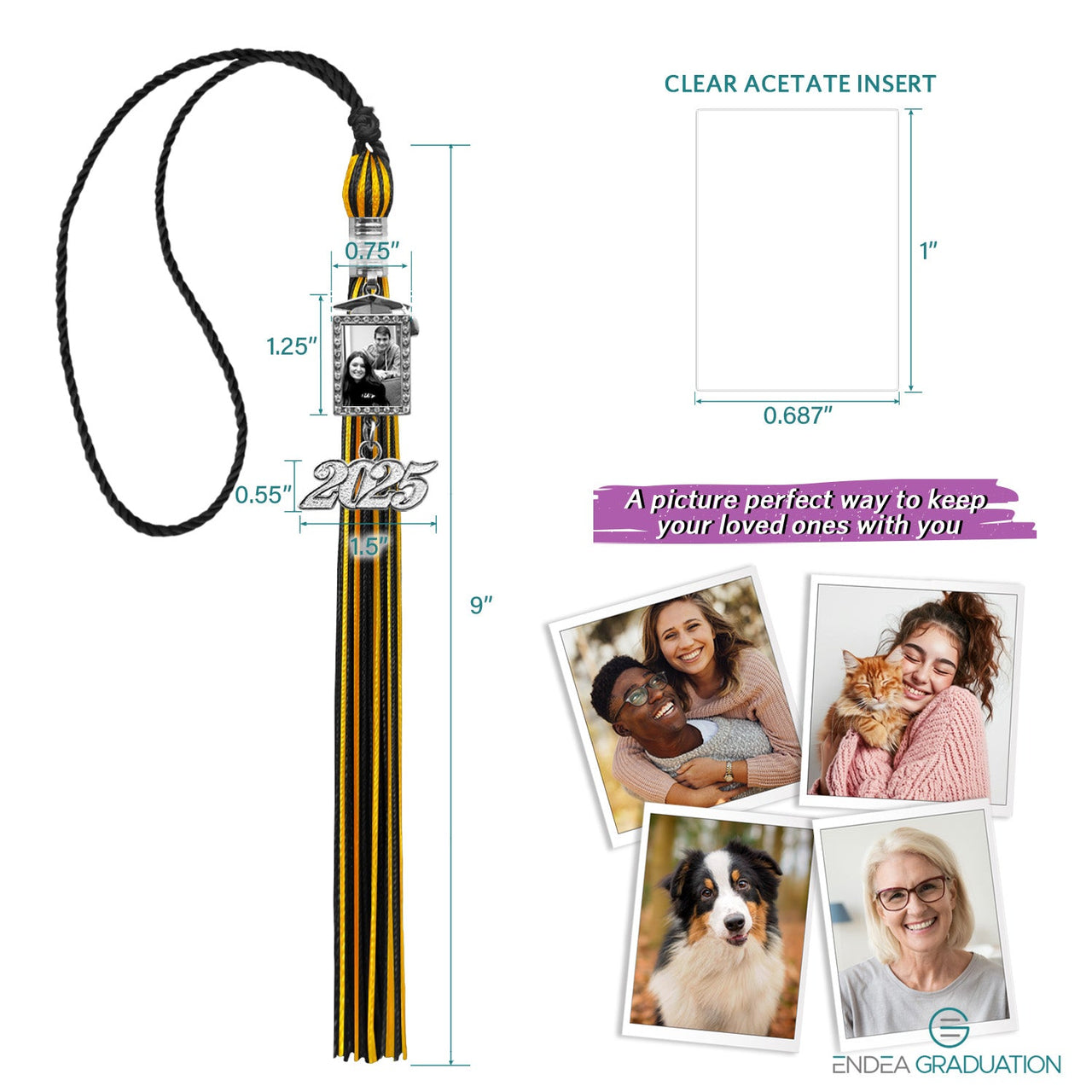 Black/Gold Tassel with Photo Frame Charm and Year Date Drop - Endea Graduation
