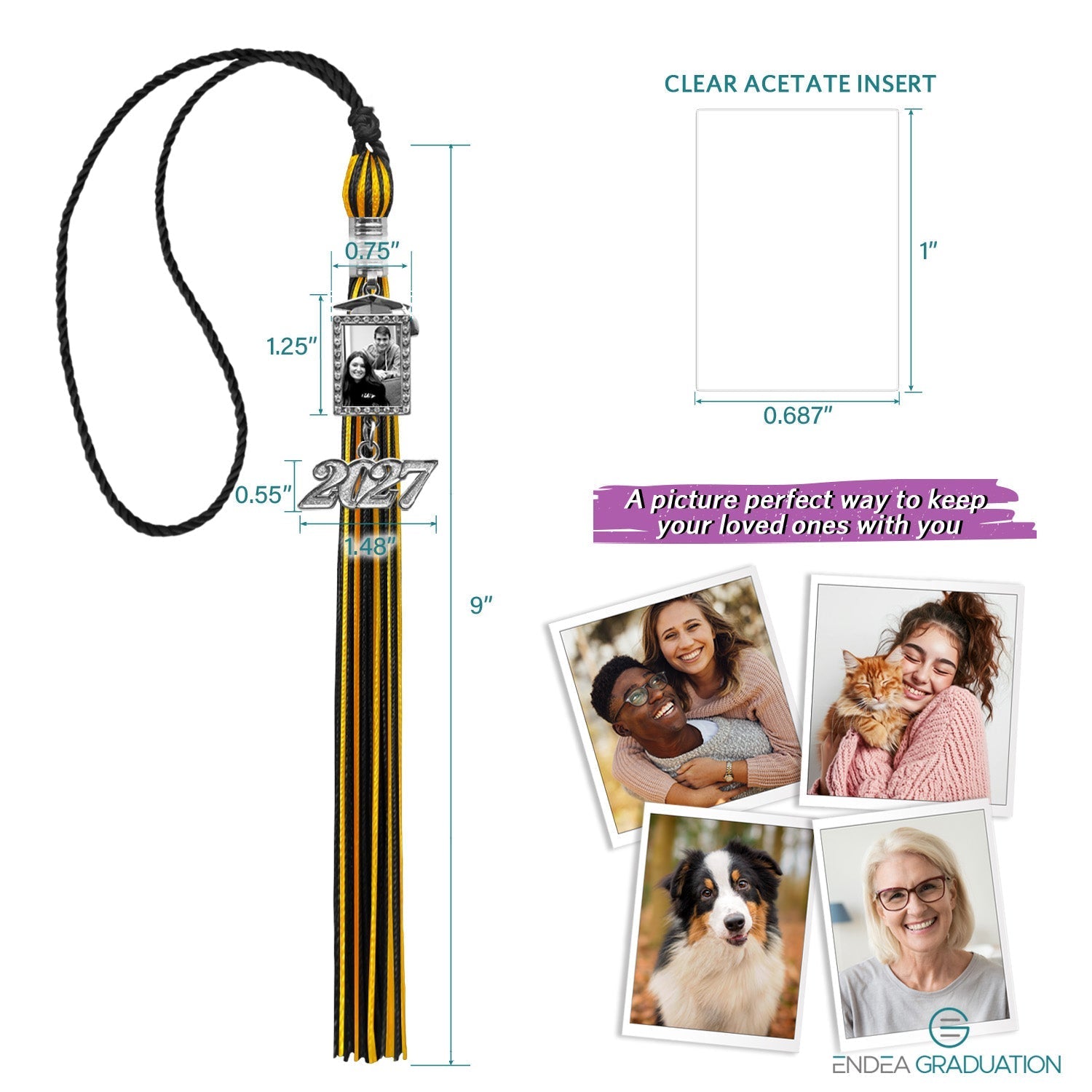 Black/Gold Tassel with Photo Frame Charm and Year Date Drop - Endea Graduation