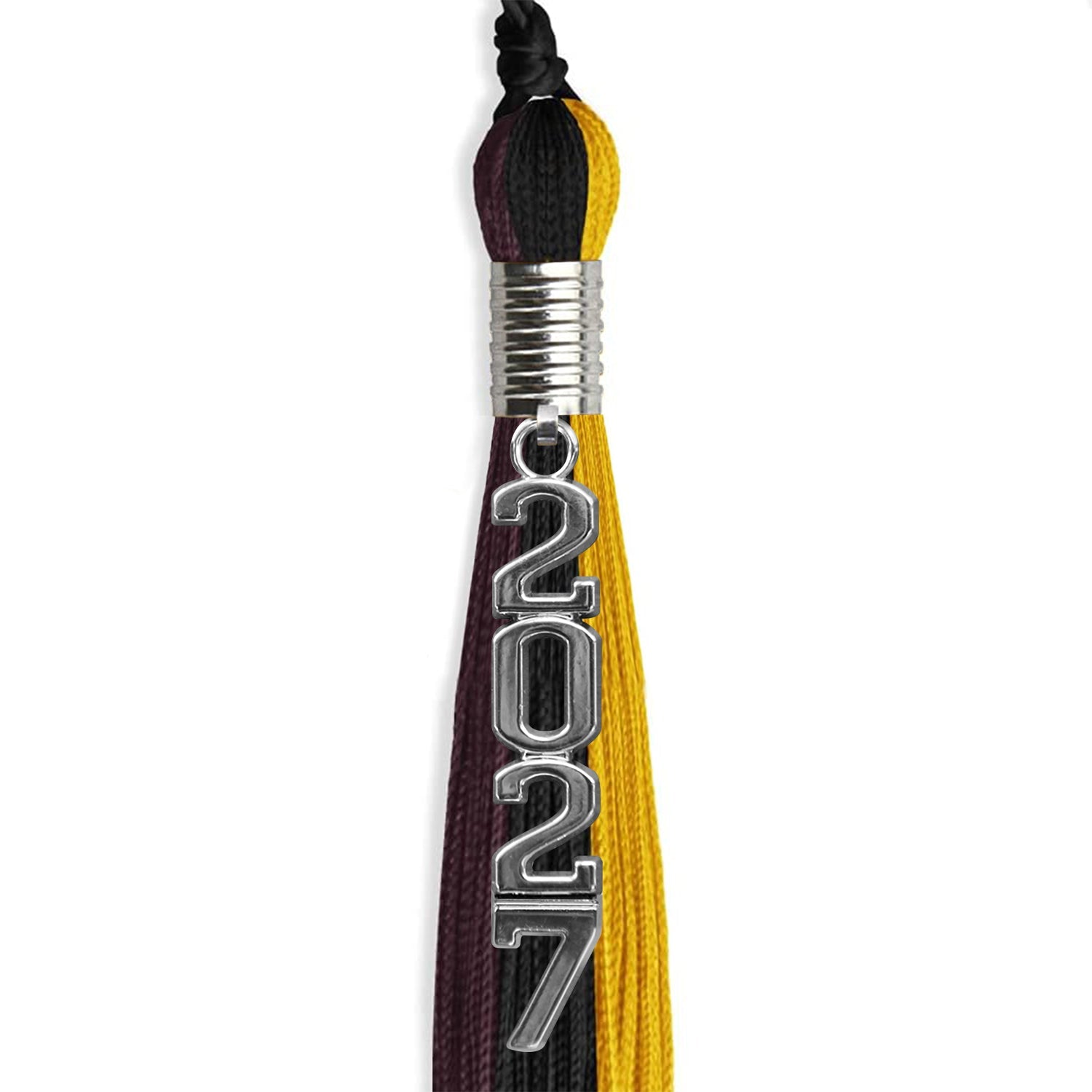 Black/Gold/Maroon Graduation Tassel with Silver Stacked Date Drop - Endea Graduation