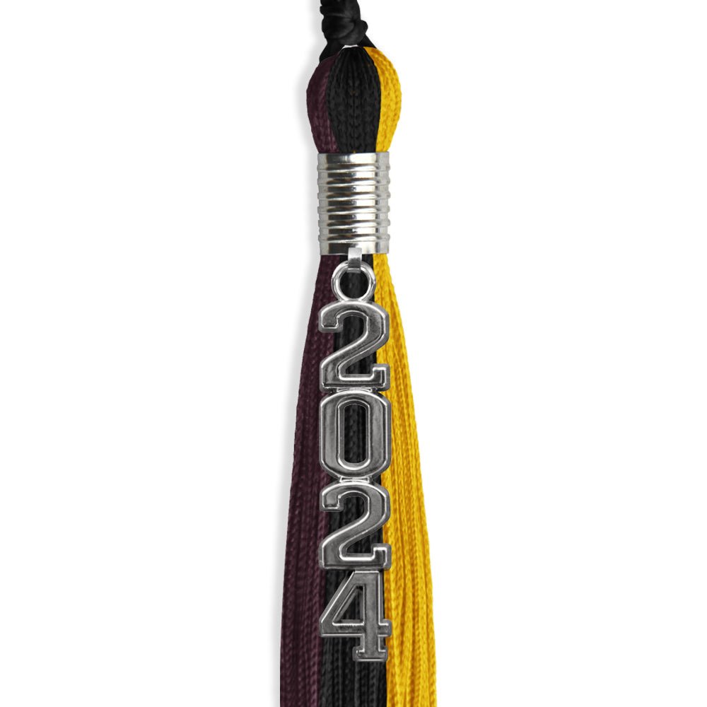 Black/Gold/Maroon Graduation Tassel with Silver Stacked Date Drop - Endea Graduation