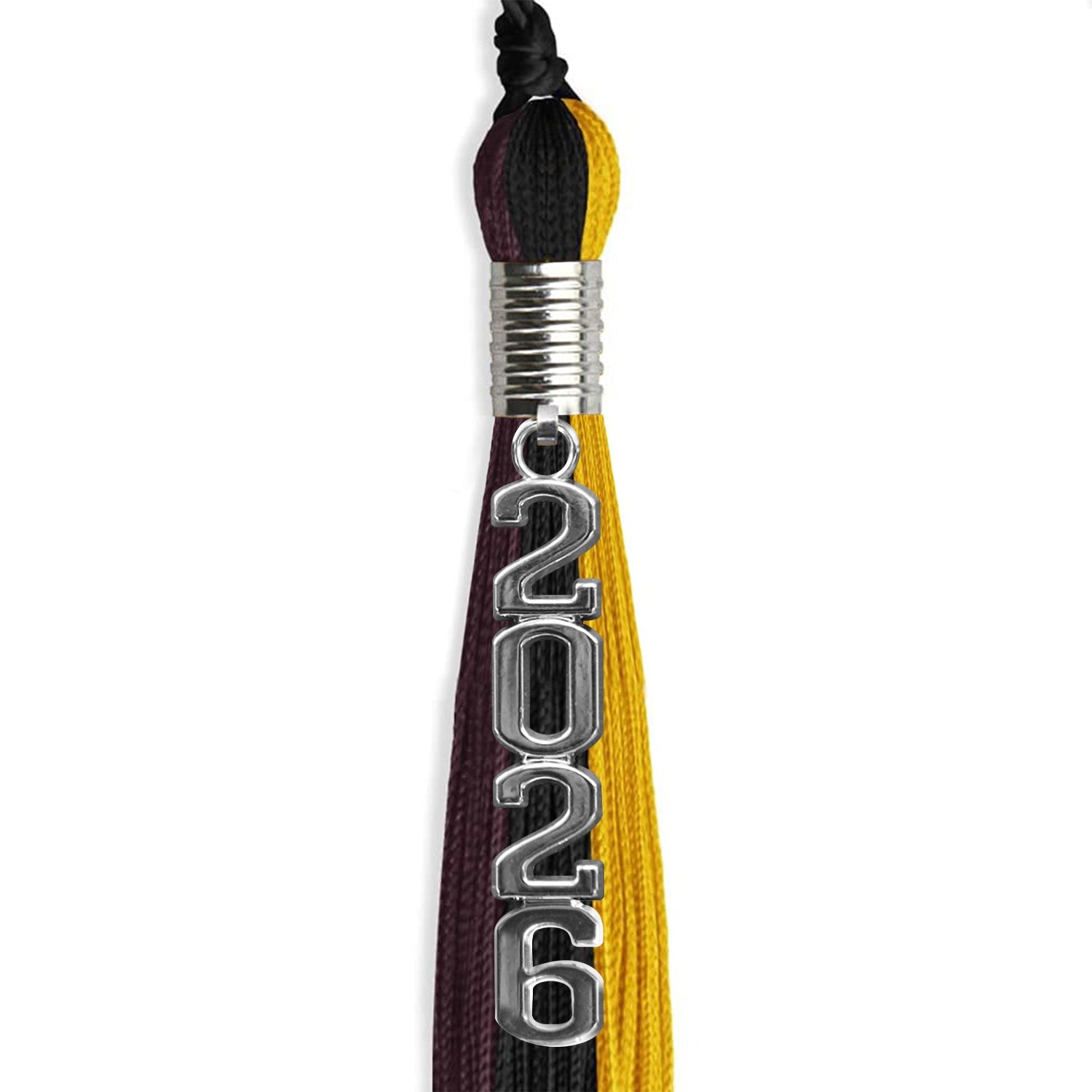 Black/Gold/Maroon Graduation Tassel with Silver Stacked Date Drop - Endea Graduation