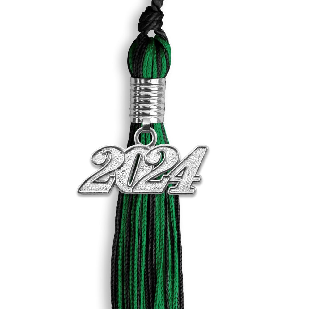 Black/Green Mixed Color Graduation Tassel with Silver Date Drop - Endea Graduation