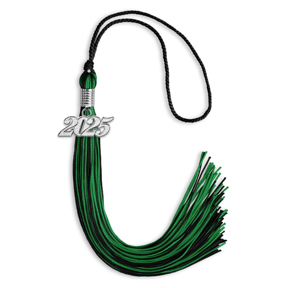 Black/Green Mixed Color Graduation Tassel with Silver Date Drop - Endea Graduation