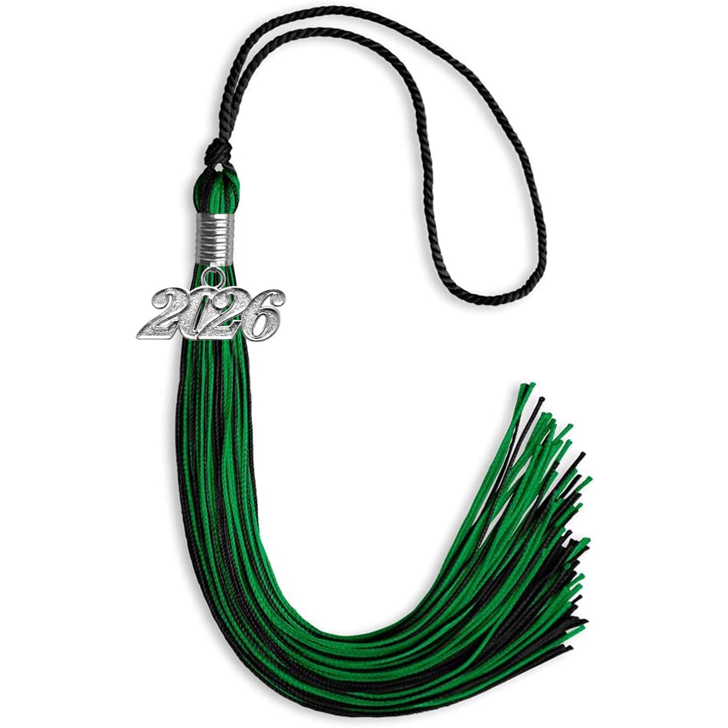 Black/Green Mixed Color Graduation Tassel with Silver Date Drop - Endea Graduation