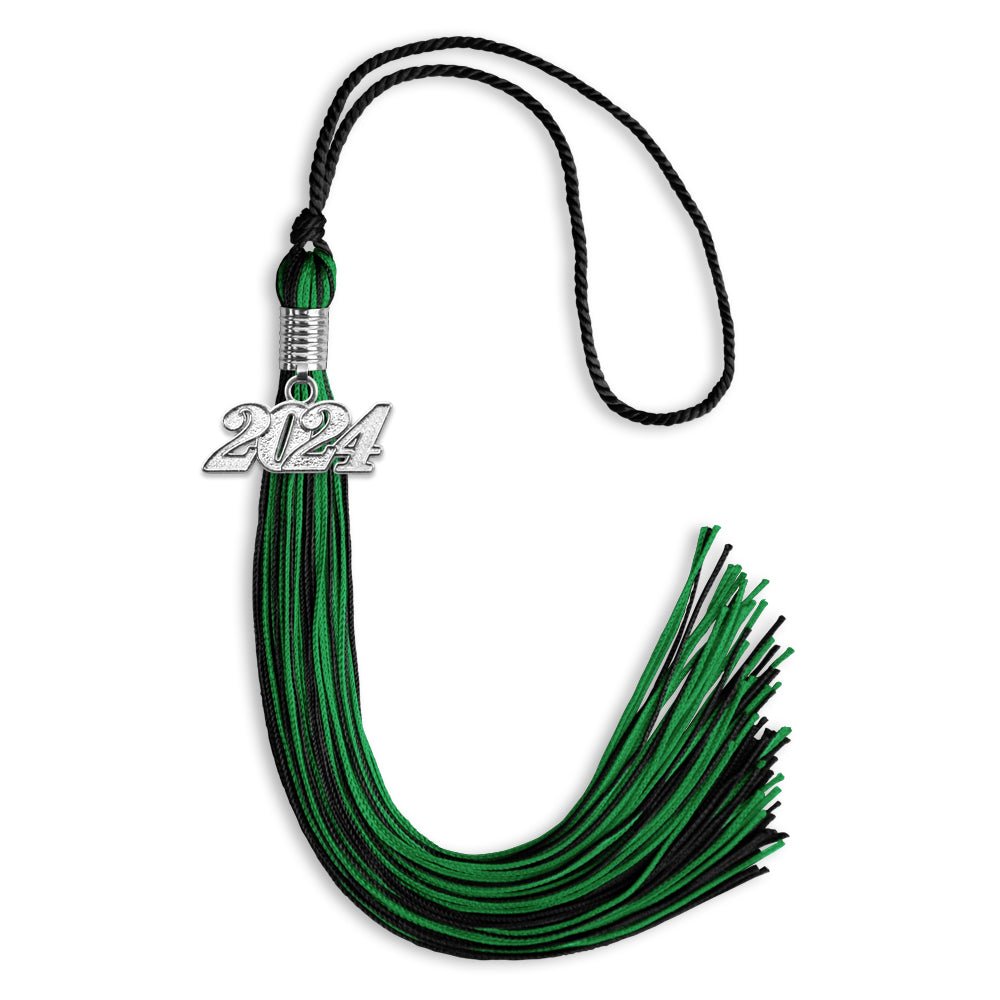 Black/Green Mixed Color Graduation Tassel with Silver Date Drop - Endea Graduation