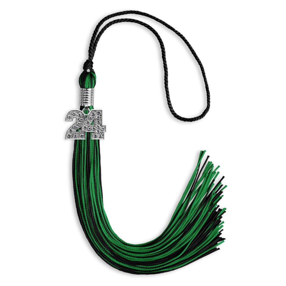 Black/Green Mixed Color Graduation Tassel with Silver Date Drop - Endea Graduation