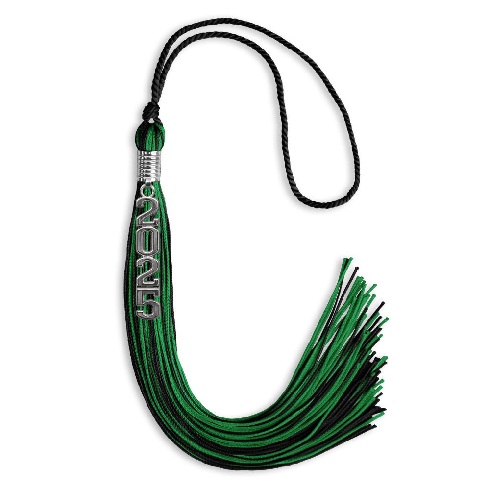 Black/Green Mixed Color Graduation Tassel with Stacked Silver Date Drop - Endea Graduation