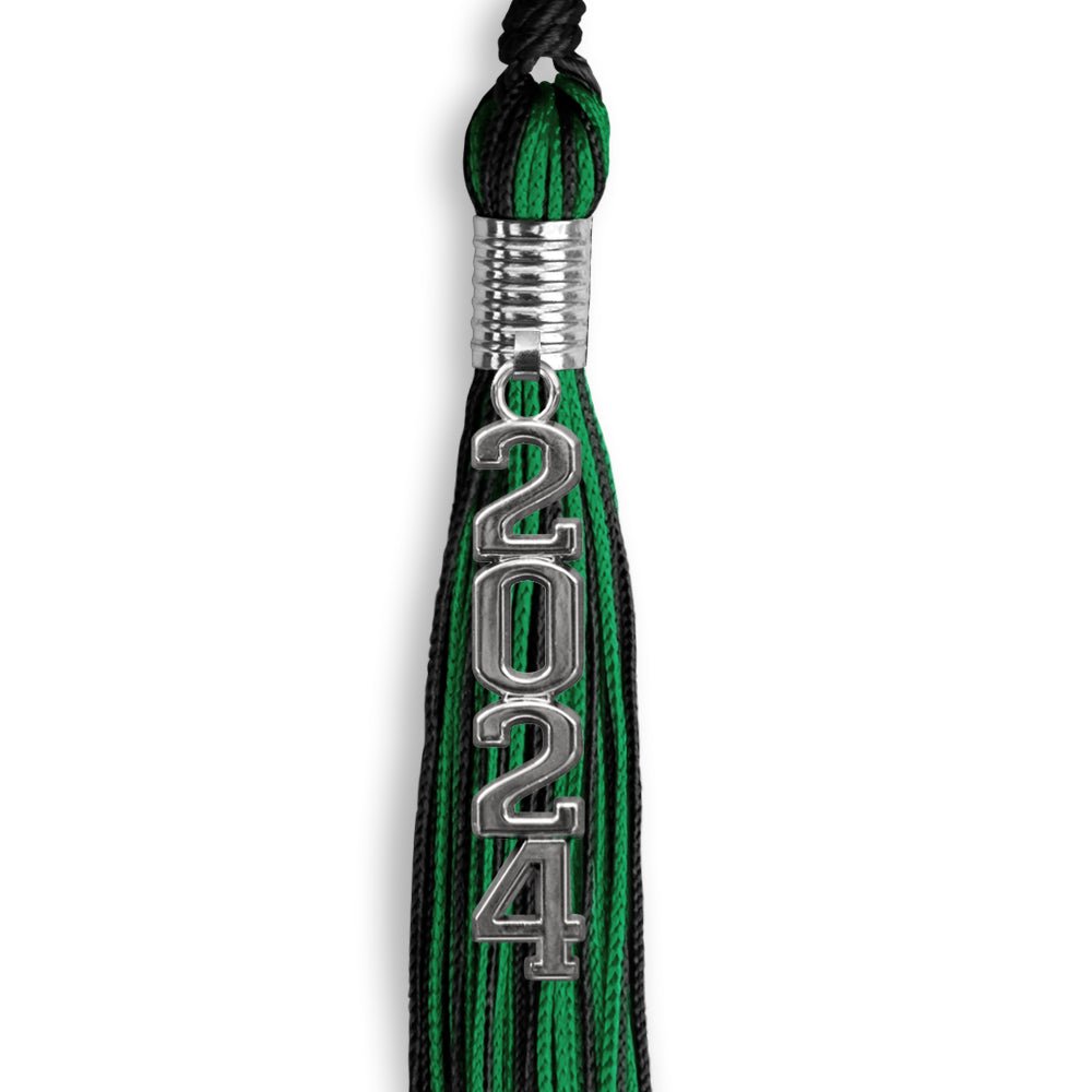 Black/Green Mixed Color Graduation Tassel with Stacked Silver Date Drop - Endea Graduation