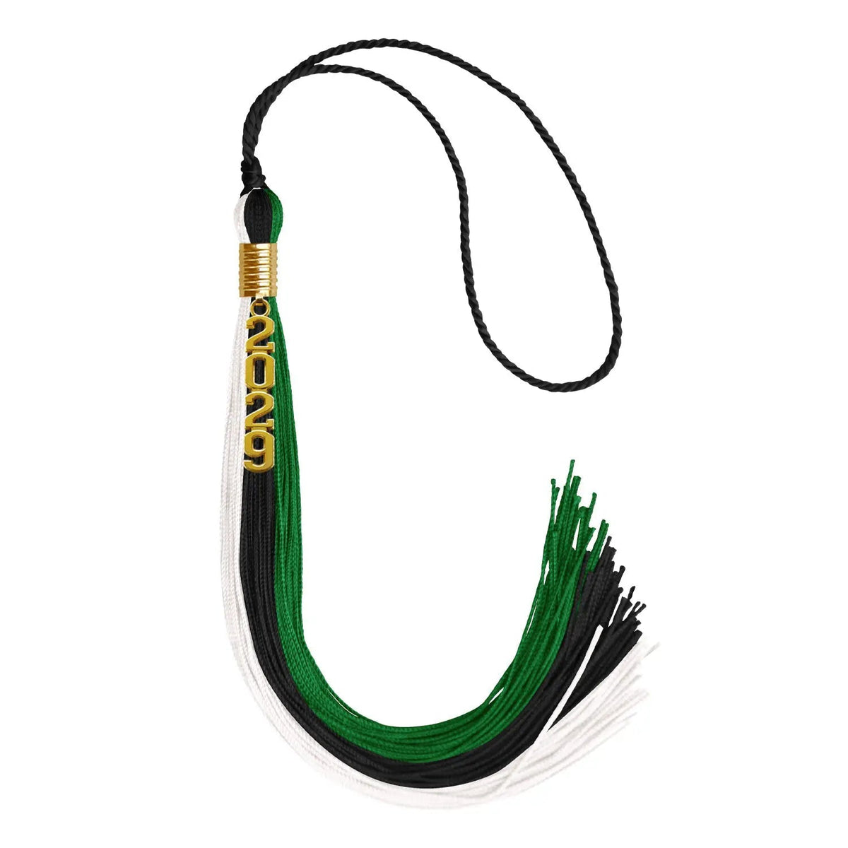 Black/Green/White Graduation Tassel with Gold Stacked Date Drop - Endea Graduation