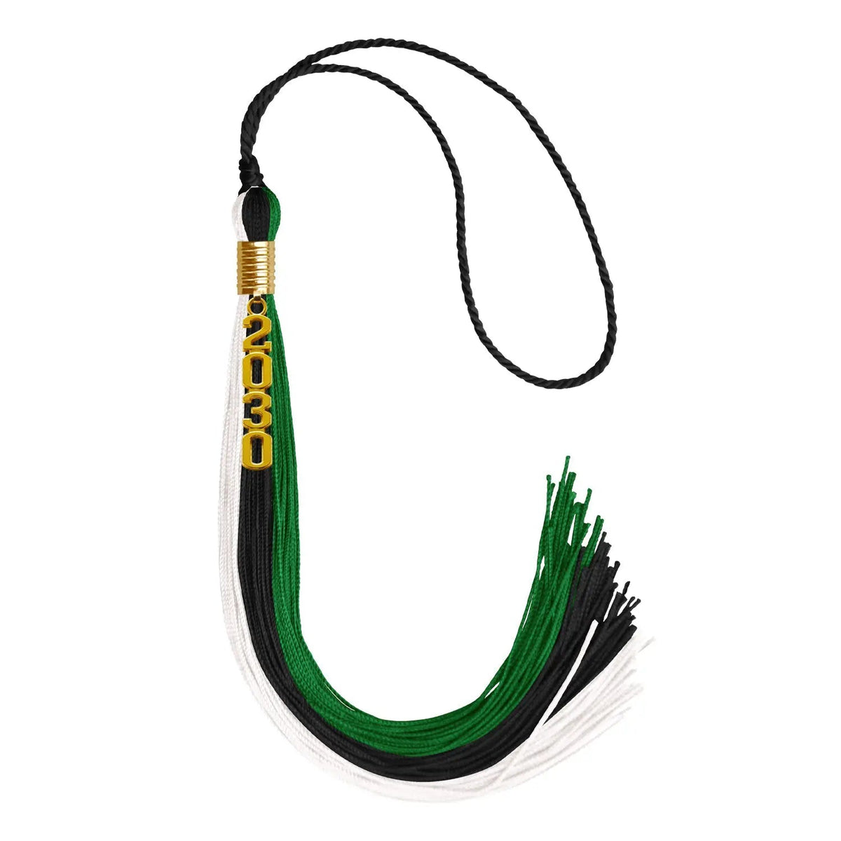 Black/Green/White Graduation Tassel with Gold Stacked Date Drop - Endea Graduation