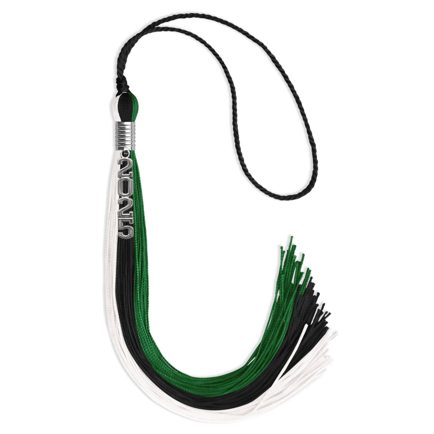Black/Green/White Graduation Tassel with Silver Stacked Date Drop - Endea Graduation