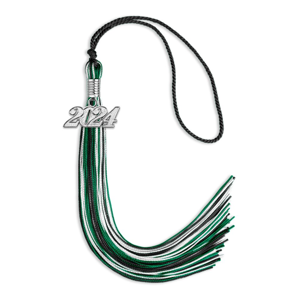 Black/Green/White Mixed Color Graduation Tassel with Silver Date Drop - Endea Graduation