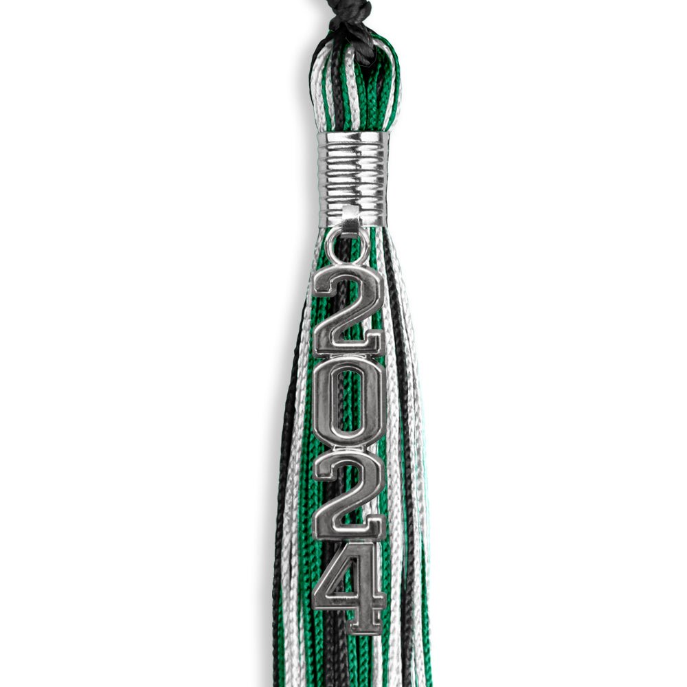 Black/Green/White Mixed Color Graduation Tassel with Silver Stacked Date Drop - Endea Graduation