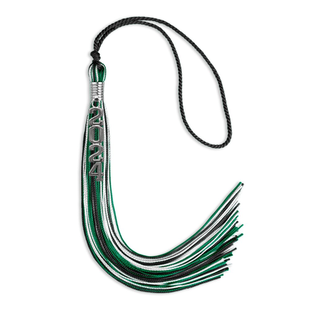 Black/Green/White Mixed Color Graduation Tassel with Silver Stacked Date Drop - Endea Graduation