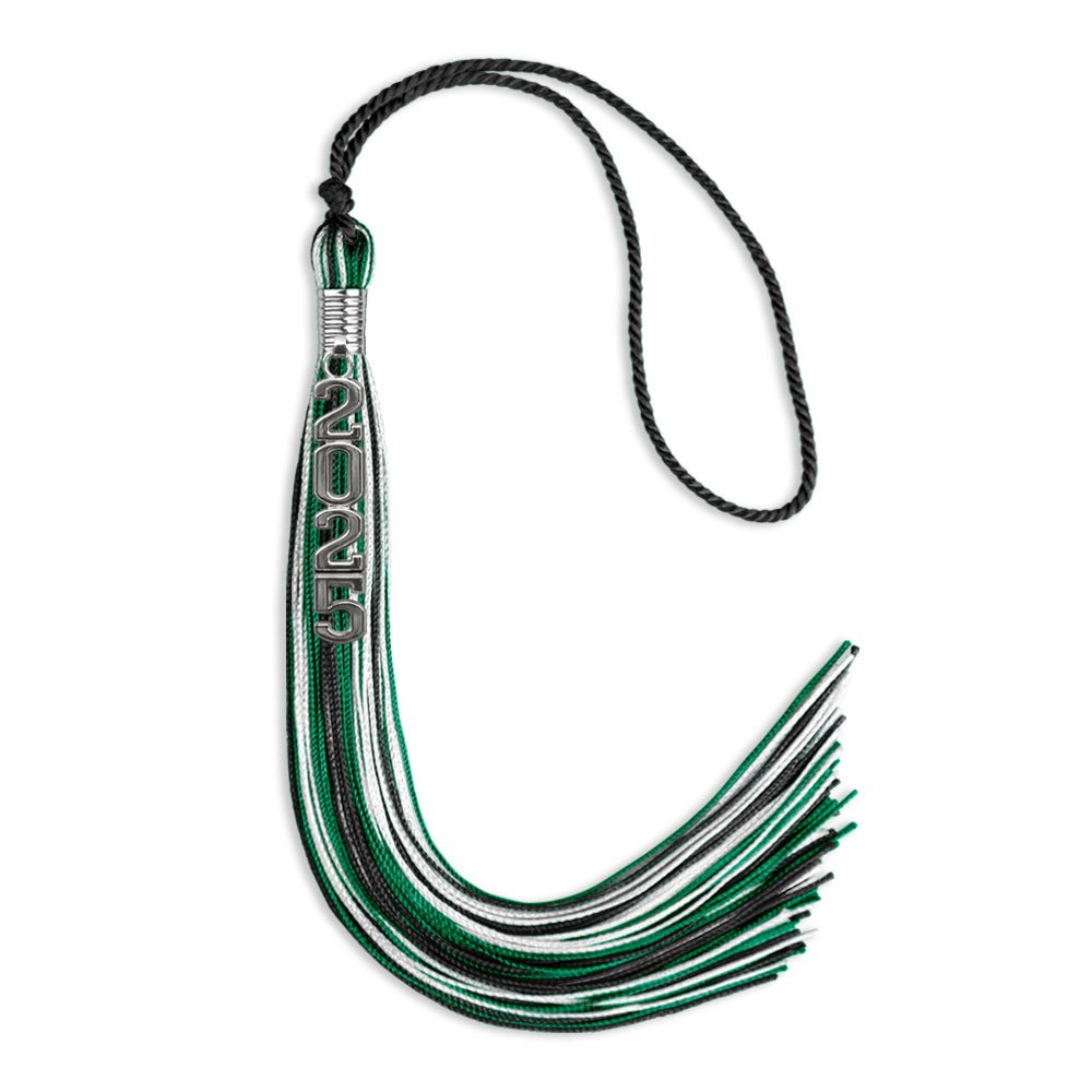 Black/Green/White Mixed Color Graduation Tassel with Silver Stacked Date Drop - Endea Graduation