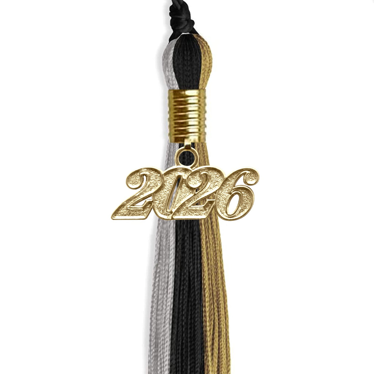 Black/Grey/Antique Gold Graduation Tassel with Gold Date Drop - Endea Graduation