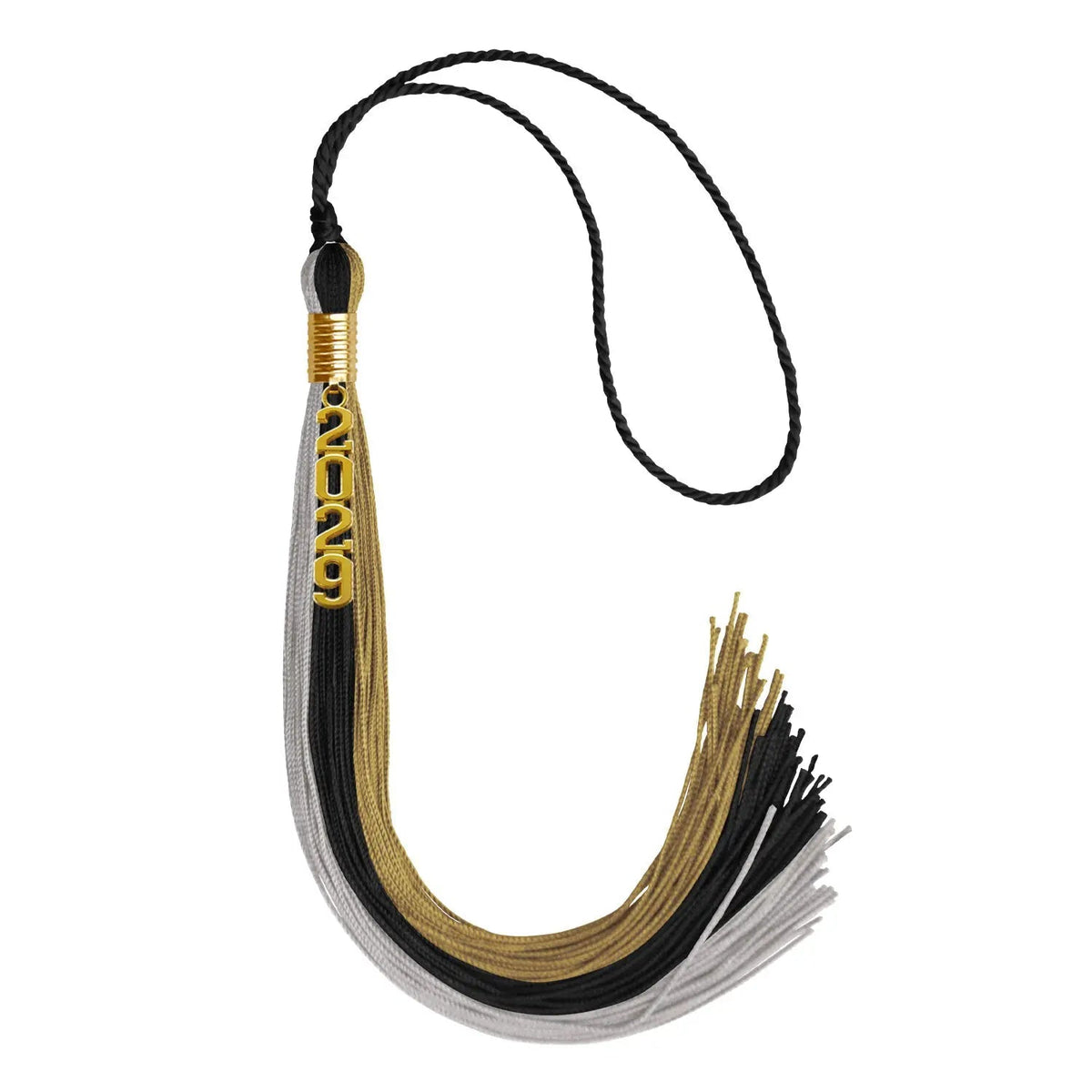Black/Grey/Antique Gold Graduation Tassel with Gold Stacked Date Drop - Endea Graduation