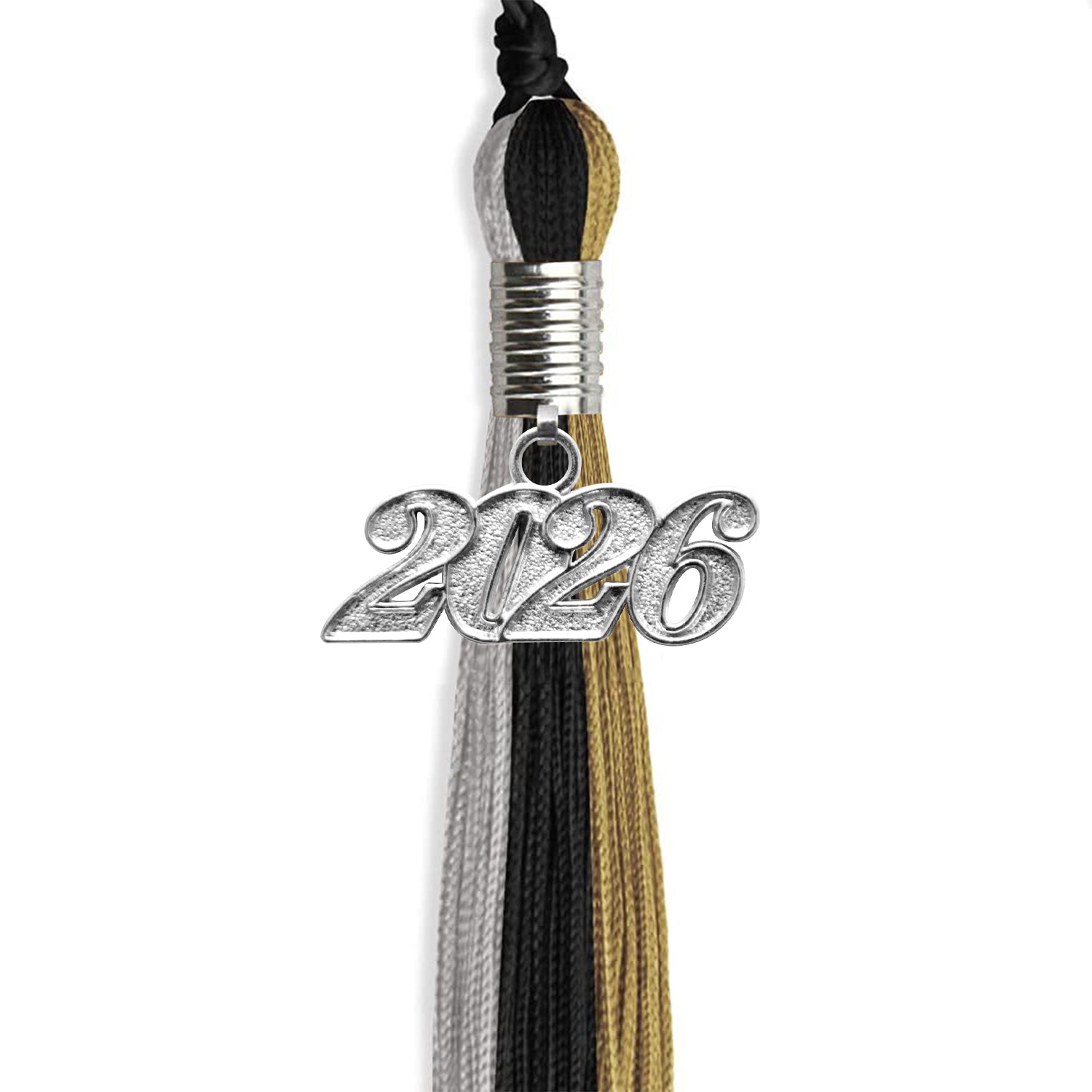 Black/Grey/Antique Gold Graduation Tassel with Silver Date Drop - Endea Graduation