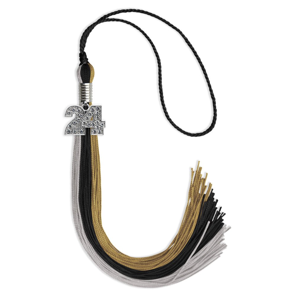 Black/Grey/Antique Gold Graduation Tassel with Silver Date Drop - Endea Graduation