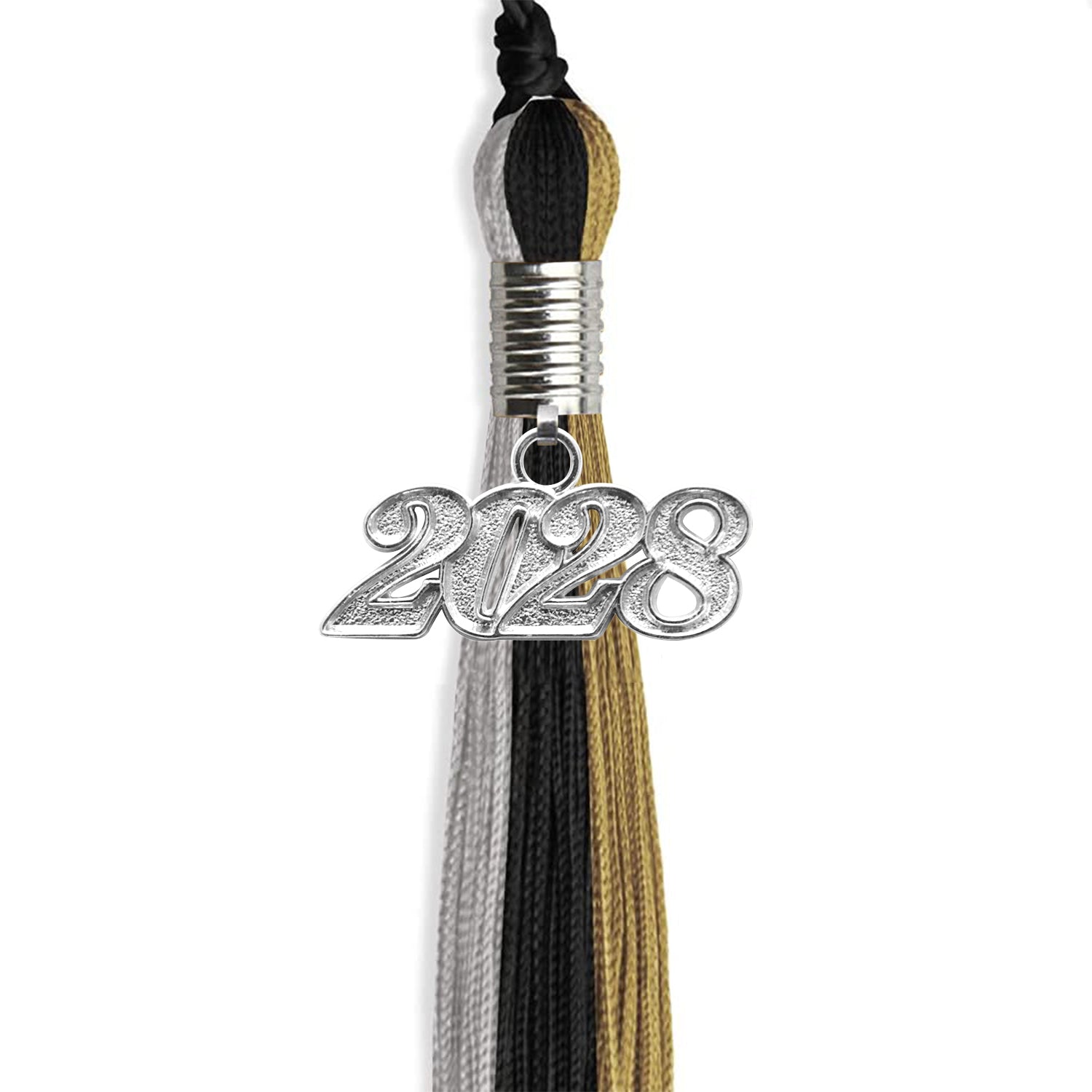 Black/Grey/Antique Gold Graduation Tassel with Silver Date Drop - Endea Graduation