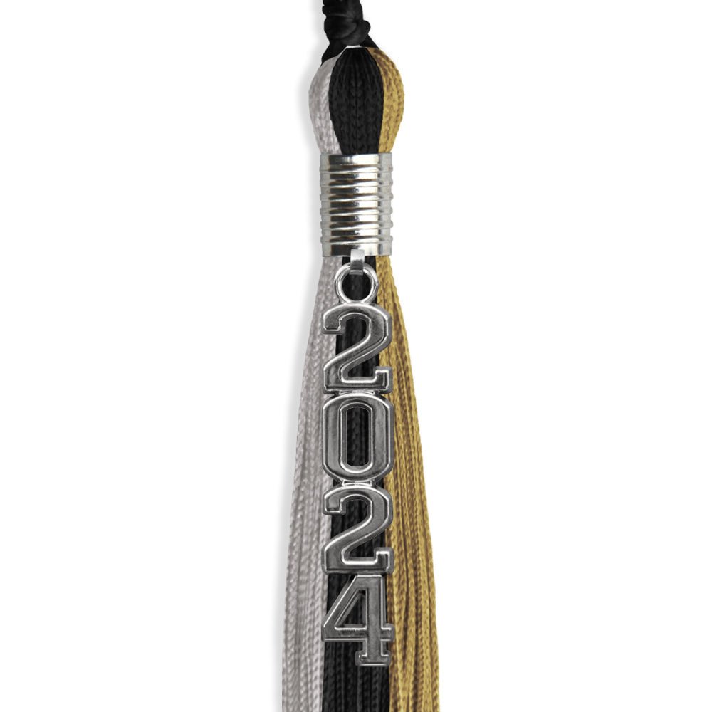 Black/Grey/Antique Gold Graduation Tassel with Silver Stacked Date Drop - Endea Graduation