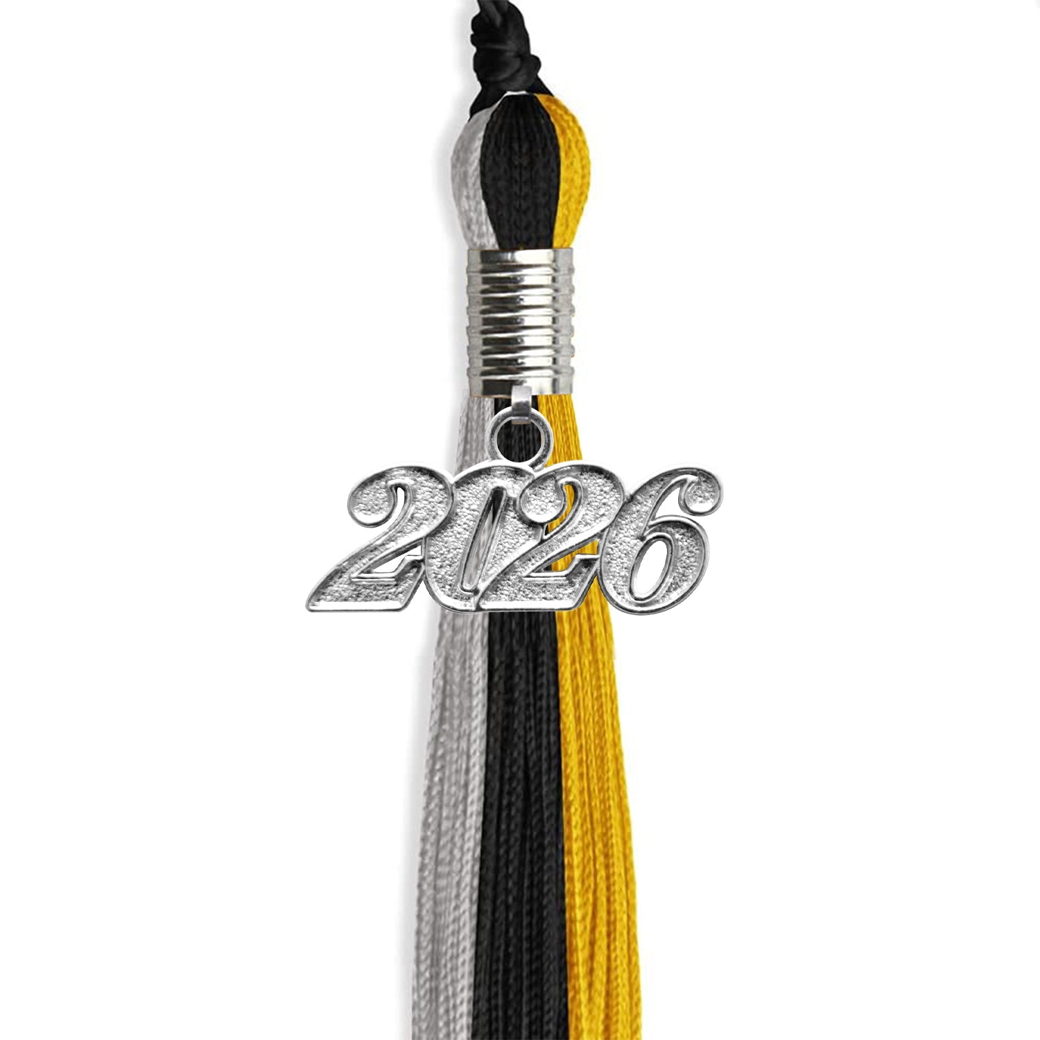 Black/Grey/Gold Graduation Tassel with Silver Date Drop - Endea Graduation