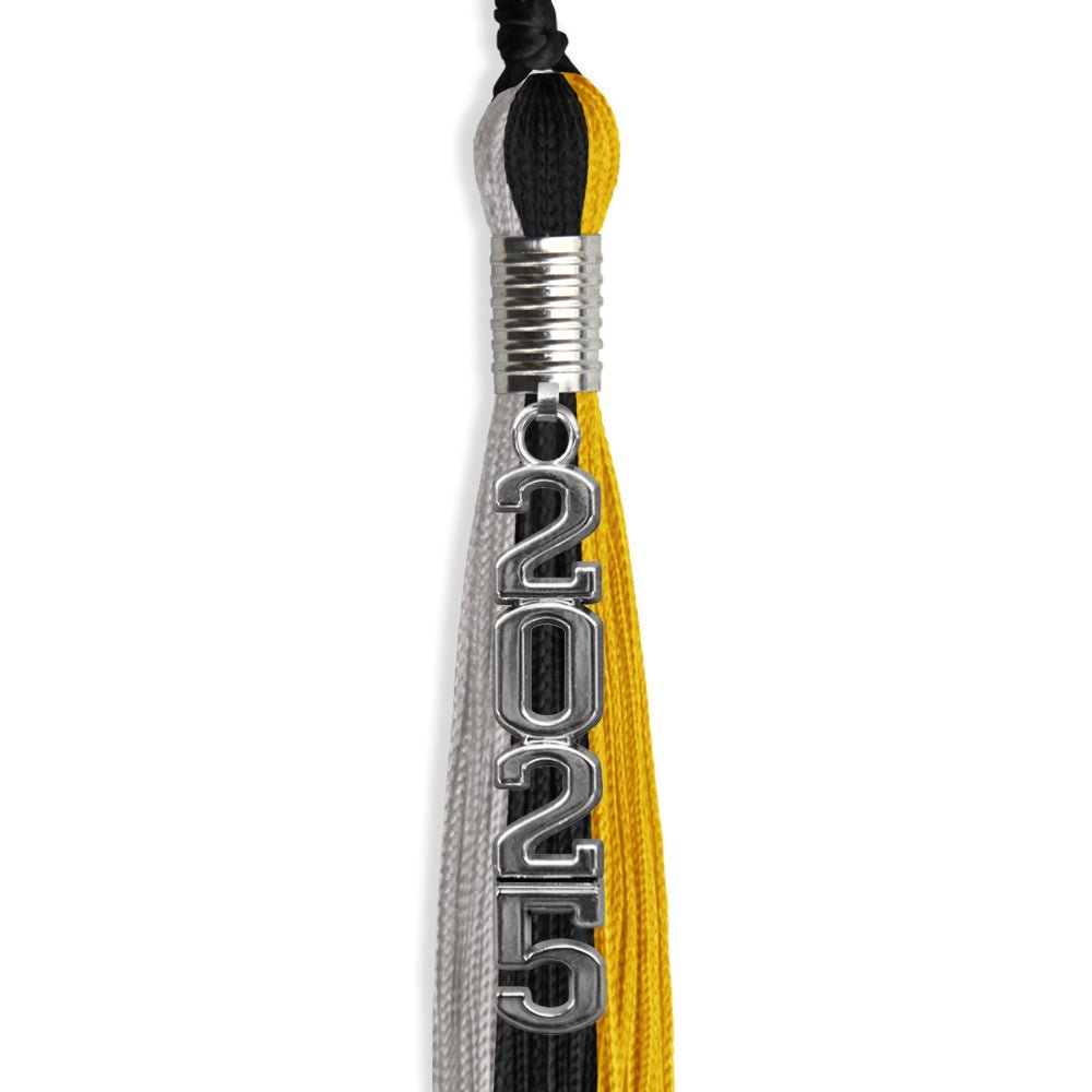 Black/Grey/Gold Graduation Tassel with Silver Stacked Date Drop - Endea Graduation