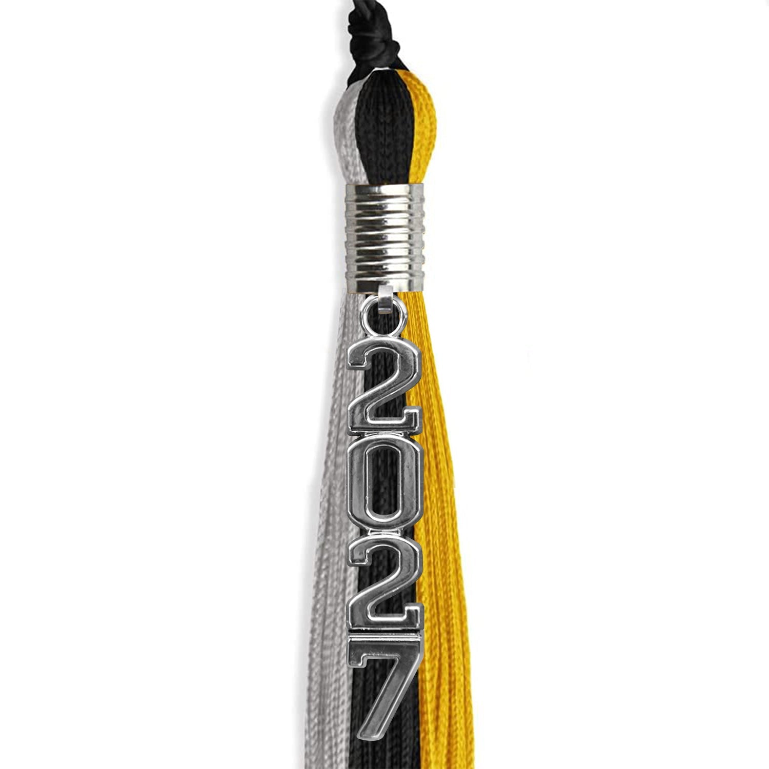 Black/Grey/Gold Graduation Tassel with Silver Stacked Date Drop - Endea Graduation