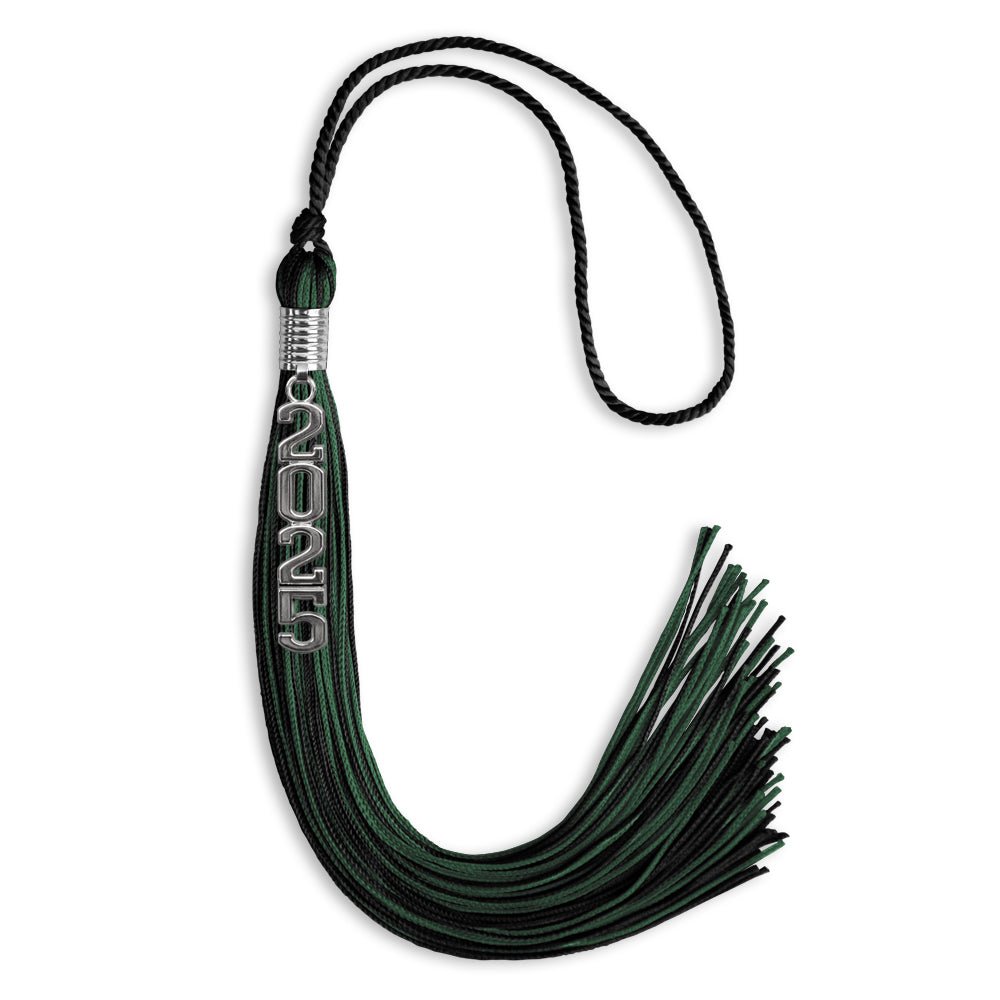 Black/Hunter Green Mixed Color Graduation Tassel with Stacked Silver Date Drop - Endea Graduation